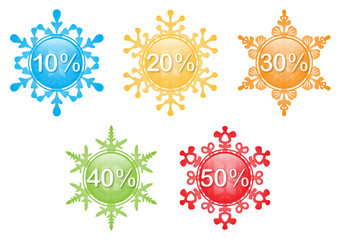 Sammlung mit bunten Schneeflocken-Rabatt-Buttons, Vektor