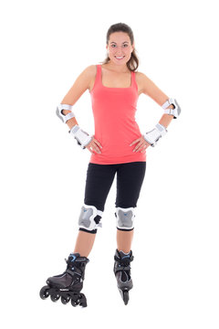 attractive woman in roller skates posing on white background