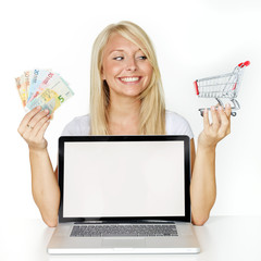Blond woman did a bargain on the internet