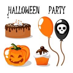 Halloween party vector set with food, pumpkin and skull