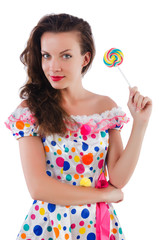 Woman with lollipops isolated on white