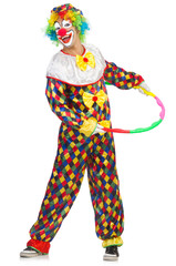 Clown with hula hoop isolated on white