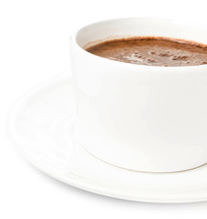Cup of Hot Christmas Chocolate on white background, closeup.