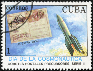 stamp printed in Cuba shows rocket