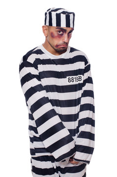 Prisoner with bad bruises on white