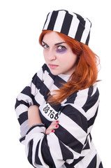 Prisoner in striped uniform on white