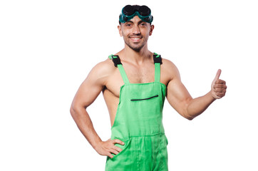 Man in green coveralls with goggles