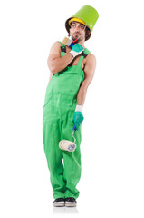 Painter in green coveralls on white