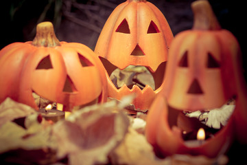 Scary halloween pumpkins jack-o-lantern candle lit