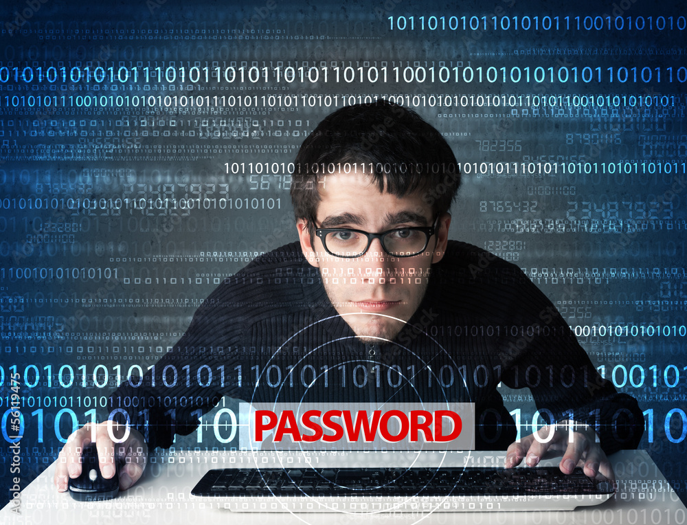 Poster young geek hacker stealing password