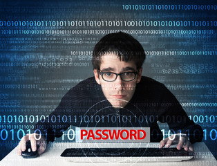 Young geek hacker stealing password