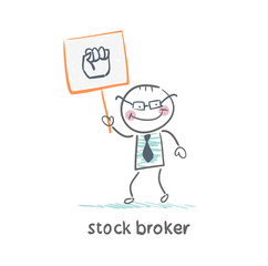 Stock broker holding a sign with his hand