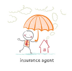 insurance agent is holding an umbrella over the house