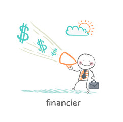financier yells into a megaphone about the money
