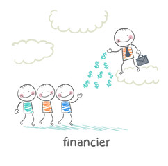 financier stands on a cloud and throws money to the people