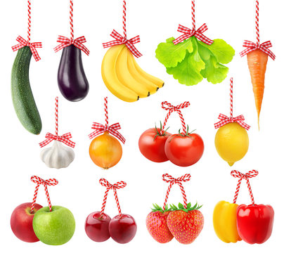 Isolated Fruit Decoration. Fruits And Vegetables As Christmas Decoration Isolated On White Background