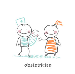 obstetrician with the patient and the child