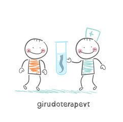 girudoterapevt shows the patient tube with leeches