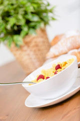 Close up view of plate with muesli and strawberry