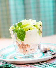 Kiwi Eton mess - dessert with meringue, whipped cream and fruits
