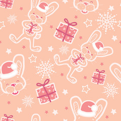 Vector Christmas bunny with gifts seamless pattern background