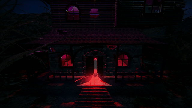 Ghost walking out the door of a haunted house