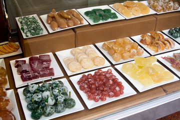 Candied fruit at a street market, Spain, Europe.
