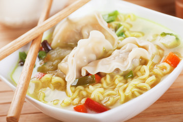 Chinese dumpling and noodle soup