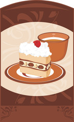 Saucer with cake and coffee cup on the brown background