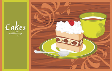 Saucer with cake and coffee cup on the wooden background