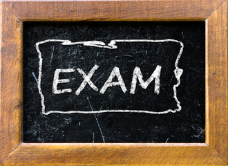 Exam handwritten with white chalk on a blackboard