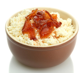 cottage cheese in bowl with homemade tangerine jam, isolated
