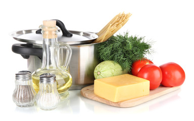 Ingredients for cooking pasta isolated on white