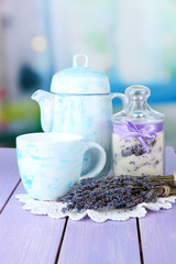 Jar of lavender sugar and fresh lavender flowers