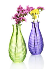 Beautiful summer flowers in vases isolated on white