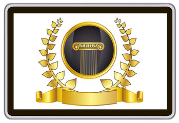 tablet pc computer. gold laurel wreath, ribbon, pillar