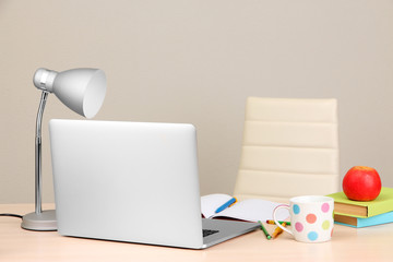 Home workplace with computer, close up