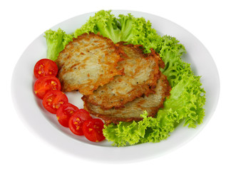 Potato pancakes on plate, isolated on white