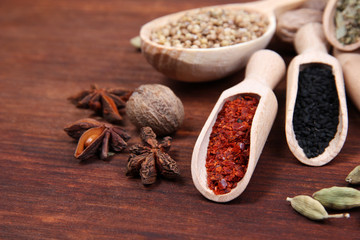 Various spices and herbs on wooden table
