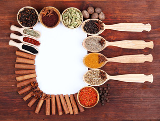 Various spices and herbs with empty white blank for recipe