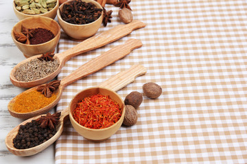 Various spices and herbs on table close up