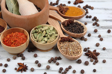 Various spices and herbs on table close up