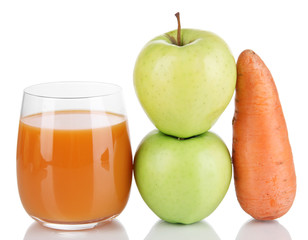 Sweet apples, juice and carrot isolated on white