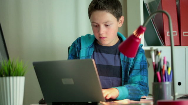 Young boy with modern laptop computer in home