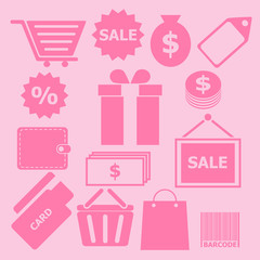 Set of shopping icons on pink background