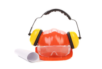 hard hat, goggles and ear muffs isolated