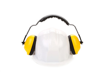 Protective ear muffs and hard hat.