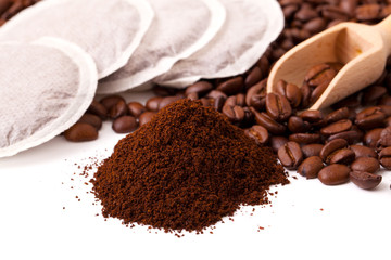 Fresh ground coffee with coffee Bean and coffee bags