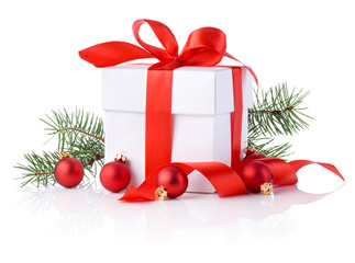 White boxs, red ribbon, tree branch and christmas ball Isolated