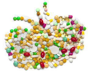 Kidney of pills and capsules isolated on white background